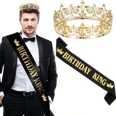 2pcs King Crown And Birthday Sash Set, Men's King Crown, Gold Men's Prince Headpiece, Royal Medieval Role Play Birthday Party Halloween Decoration, Suitable For 21st, 30th, 40th, 50th, 60th, 70th And 80th Birthday Party Costume Accessories
