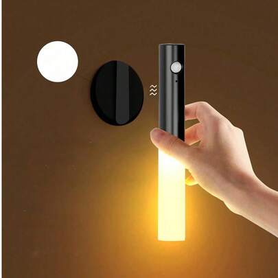1pc Smart Sensor Night Light, Motion Sensor Wall Lamp, Faux Wood Grain, Rechargeable LED Corridor Wall Light, Plastic Material, USB Charging, Suitable For Bathroom, Toilet, Hallway, Bedroom, Wardrobe, Table, Staircase, Cabinet, Battery Capacity: 300mAh