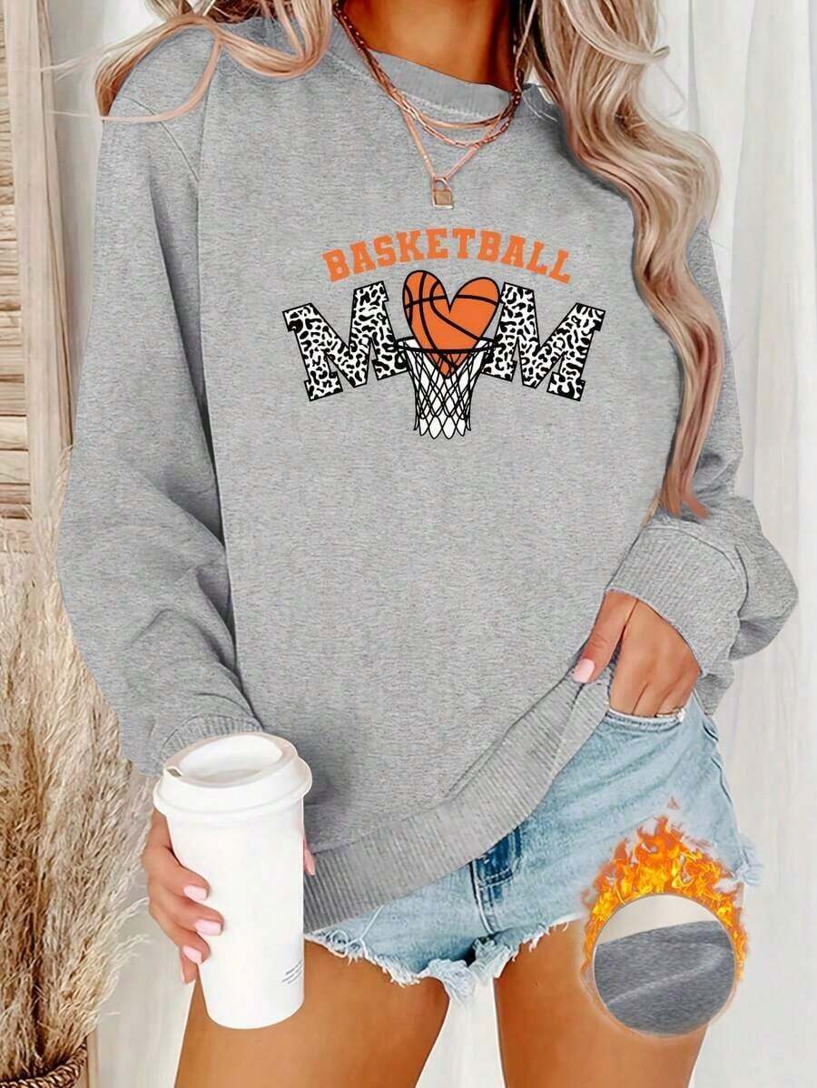 Sweat Shirt2025 New Sweatshirts Comfort Daily |   Women's Casual Round Neck Sweatshirt With Leopard Print And "BASKETBALL Mom" Design - Cozy Polyester, Long Sleeve, Perfect For Autumn And Winter Loose And ComfortableLoose And Comfortablevalentines Clothes - Xám - Xem 1