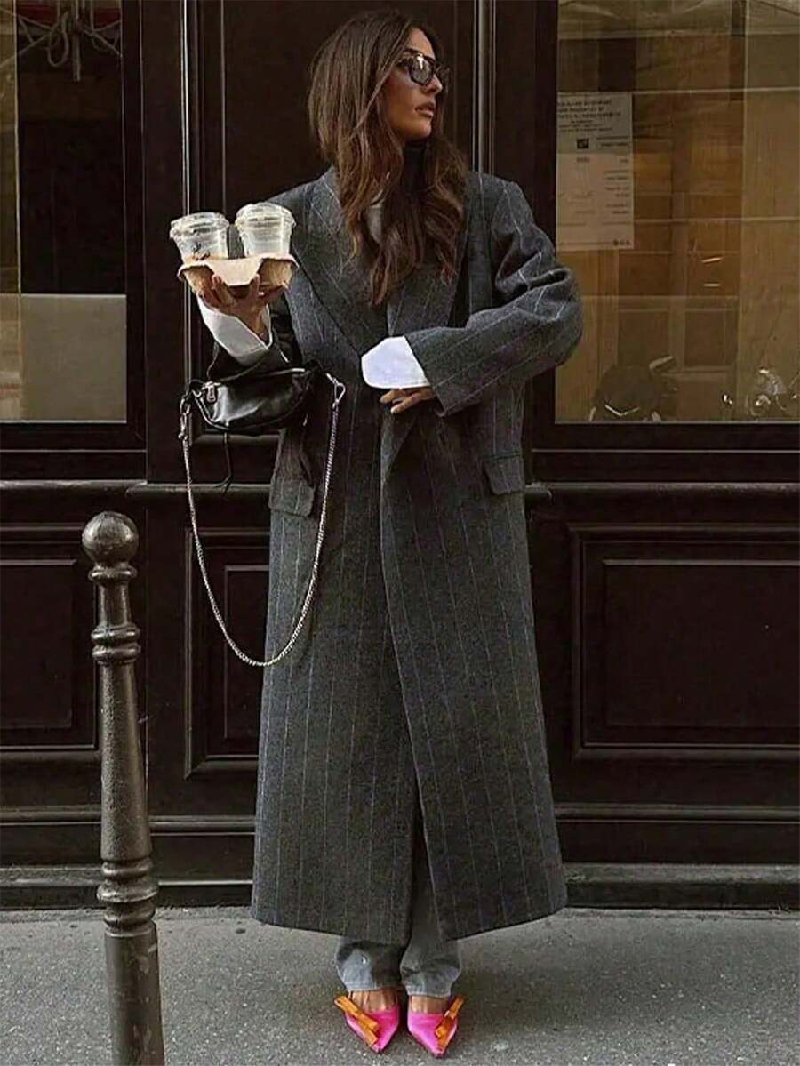 New Autumn/Winter Fashion Women Retro Elegant England Style Windbreaker Large Faux Wool Back Vent Long Overcoat - Màu xám đen - Xem 1