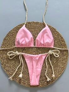 两件套休闲可爱优雅性感波西米亚风花卉系带编织比基尼泳衣，海滩度假，春夏 - 粉色 - 查看 2