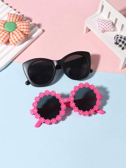1 set de 2 piezas Gafas de moda con marco floral y básico retro de ojo de gato para niñas de 4 a 8 años y de 5 a 12 años, para usar al aire con atuendos diarios, con estuche