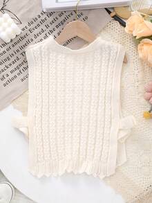 Girls' Round Neck Knitted Vest With Bow Design, Solid Color, Spring/Summer/Autumn - Beige - View 6