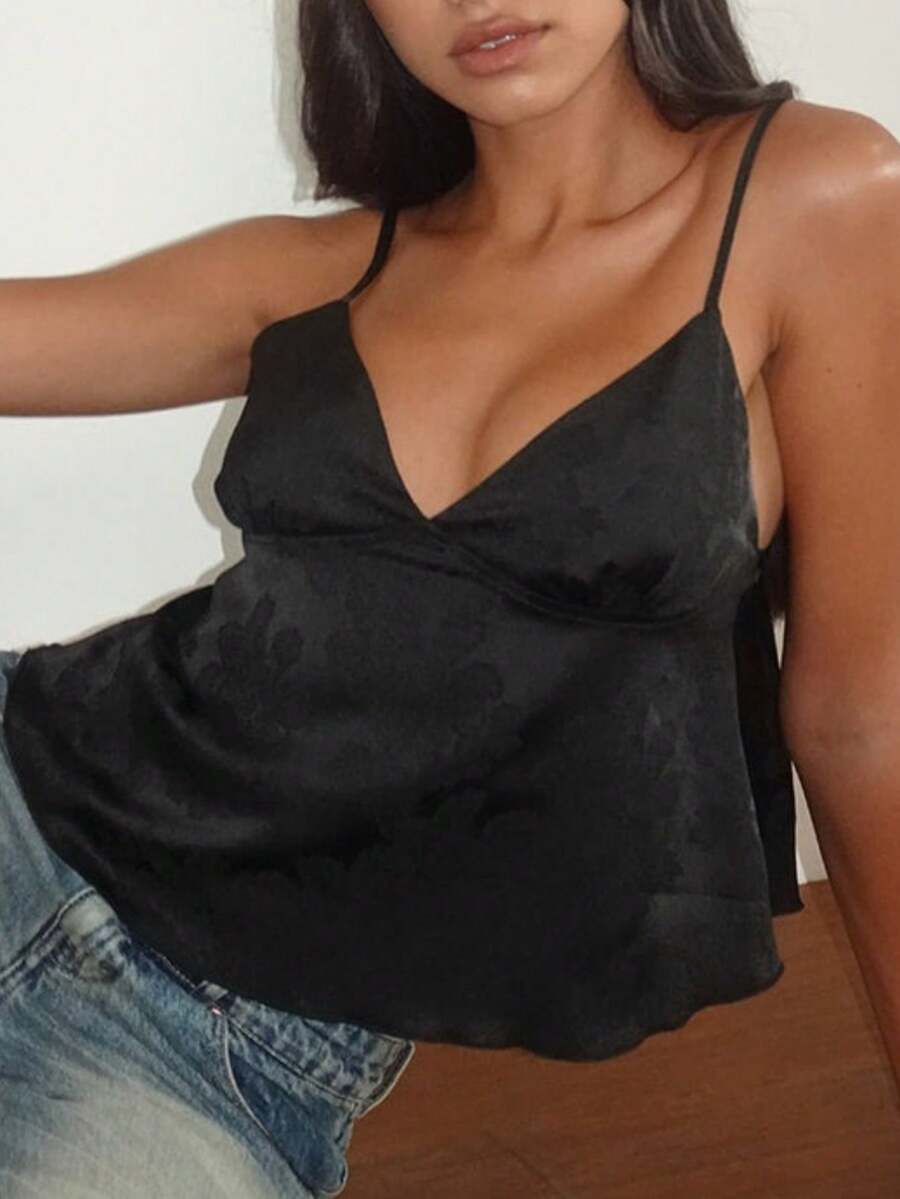 Women Y2k Spaghetti Strap Solid Color Cami Tank Top Floral V Neck Camisole Summer Aesthetic Backless Flowy Crop Vest Top Fairy Girl Casual Beach Streetwear - 黑色 - 查看 1