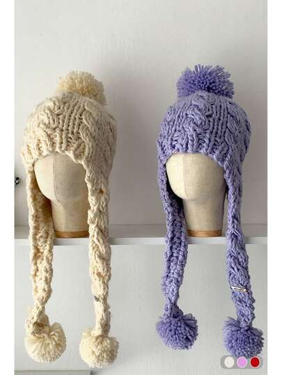 Hand-Loomed Chunky Knitted Cozy Braid-Accent Hat With Pom-Pom Top, Warm And Thick Winter Hat For Women, Ear Protection, Round Top Knitted Cap For Autumn/Winter