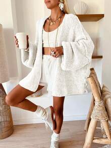 Women's Loose-Fit Plain Sweater, Casual Fall & Winter Knitwear, Lantern Sleeve Design, Moderate Fabric Thickness, Comfortable Daily Wear - White - View 2