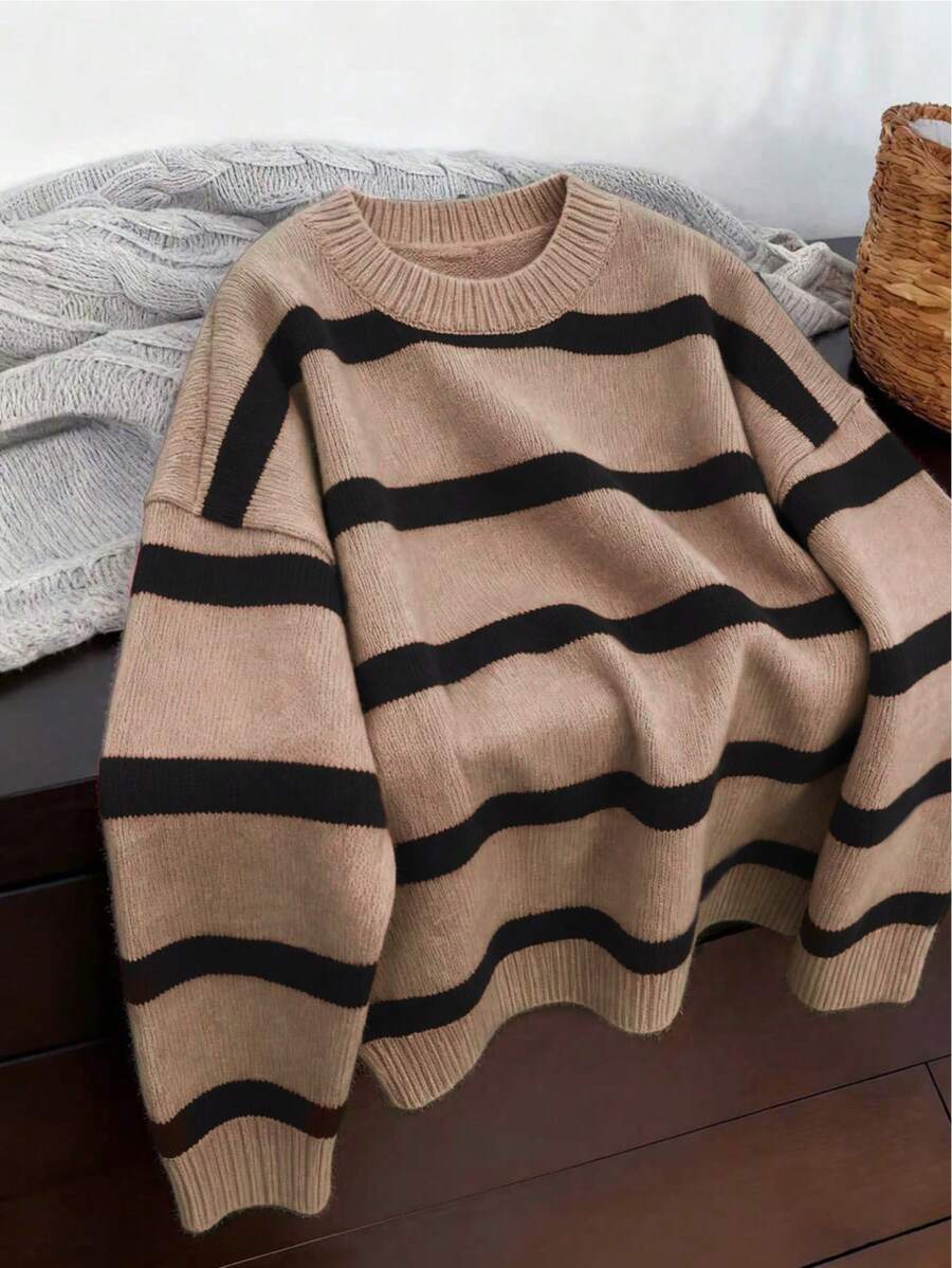 Women's Casual Striped Knit Long Sleeve Sweater, Soft & Comfortable Relaxed Fit Pullover Spring - Camel - View 1