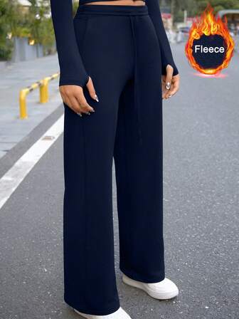 Women's Autumn/Winter Thermal Lined Straight Leg Wide Leg Pants, High Waist Adjustable Waistband Curve Flattering Athletic Pants With Side Pockets