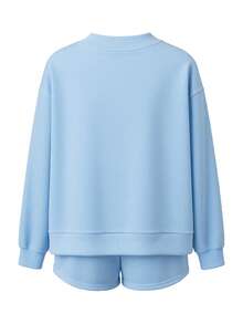 Conjunto Deportivo Casual para Mujer, Sudadera de Manga Larga con Bordado de Letras y Shorts de Pierna Ancha, Set de 2 Piezas Holgado - Azul - Ver 8