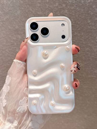 Carcasă de telefon minimalistă de lux, alb perlat, ondulată, la modă, cu decor perlat, compatibilă cu 17 Pro Max/17 Pro/17 Air/17/16 Pro Max/16/16 Pro/16 Plus/15/15 Pro Max/15 Pro/15 Plus/11/12/13/14 Pro Max/11 Pro/11 Pro Max/12 Pro/12 Pro Max/13 Pro/13 Pro Max/14 Pro/14 Pro Max/14 Plus, carcasă moale creativă, cadou de nuntă, petrecere, aniversare