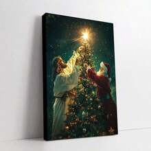 Arte en lienzo divertido con marco de madera - Póster de Jesús y Santa vestidos como árbol, decoración para sala de estar/cocina/pasillo, gran esposa, 15.7x11.8 pulgadas - Multicolor - Ver 3