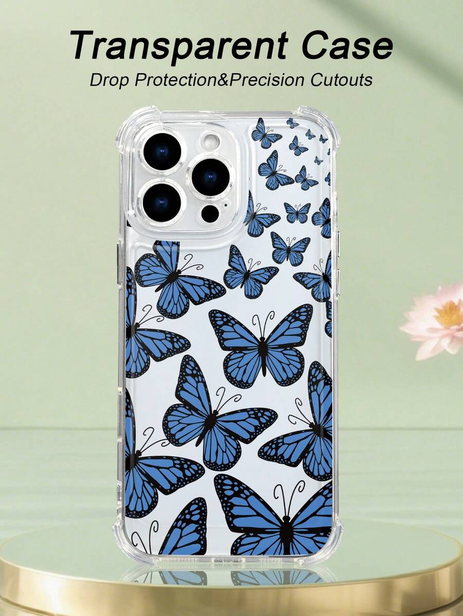 1 pieza Funda de teléfono con diseño de mariposas azules en estilo natural y elegante, patrón delicado y lleno de vida, funda transparente resistente a golpes, ligera y con corte preciso, compatible con iPhone 17/16/15/14/13/12/11/XS/XR/X/PLUS/PRO/PROMAX, compatible con Galaxy A34/A35/A54/A55, Galaxy S20/S21/S22/S23/S24 Ultra/Plus, compatible con Moto/Galaxy/Redmi/Honor/OPPO, regalo de fiesta - transparente - Ver 1