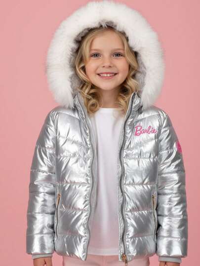  Chamarra Capitonada Barbie para Niña | Metálica Tornasol + Capucha Desmontable