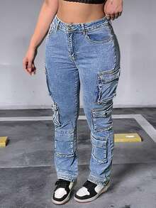 Jeans bleu clair mi-taille moulant cargo à poches multiples pour femmes - Style de rue casual, levant les fesses et affinant la silhouette, pantalon en jean polyvalent pour tous les jours
