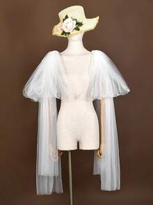 1 Pair Elegant Flowing Long Bridal Gloves And Shawl; Exaggerated Bow Shoulder Sleeves, Suitable For Stage Performance - Beige - View 10
