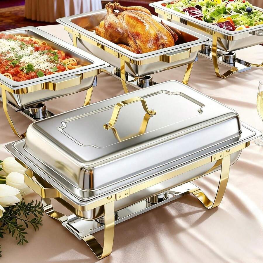 Chafing Dish Buffet Set 2/4 Pack 8QT 316 Stainless Steel Food Warmer Chafer Complete Set For Home Party, Buffets, Wedding,Rectangular Semi-Gold-Plated Stainless Steel Chafing Dish Set, Buffet Warmer For Hotel Catering, Parties, Weddings, Gold - Vàng 4PK - Xem 1