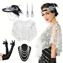 Bộ 5 món: Băng đô lông vũ phong cách retro thập niên 1920, khăn choàng đính sequin, vòng cổ ngọc trai giả, bông tai, găng tay đen - Phụ kiện trang phục cho dạ hội hóa trang, tiệc tùng, váy dạ hội trang trọng, đi biển, kỳ nghỉ, phụ kiện, đồ dùng cần thiết khi đi du lịch. - Nhiều màu - Xem 21