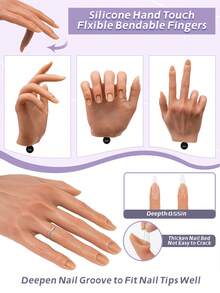 Veikmv 亚克力美甲练习手，逼真硅胶模型手，手指灵活，适用于亚克力美甲、凝胶美甲练习，包含完整的美甲入门套装，含美甲刷和指甲锉。 - 米色 - 查看 4