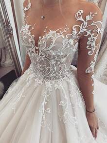 Charming Lace Applique Long Sleeves A Line Tulle Formal Wedding Dress,Registry Office Dresses Bridal Gown,Evening Party Dress Birthday Party Dress Country Wedding,Party Dress Country Wedding,Romantic Church Ceremony Wedding Dress,Suitable For Wedding,Dating,Party,Singles' Party,Vacation,Formal Occasions,Dinner Dress,Prom Dress,Homecoming Dess,Cocktail Party,Wedding Guest Dress,Graduation - trắng - Xem 4