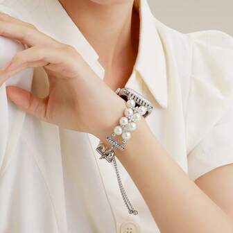 LuLuTom 1pc Luxury Pearls Diamond Bracelet Band Compatible With Apple Watch Band S11/S10/9/8/7/6/SE/5/4/Ultra 2 3, Compatible With Apple Watch Band Strap 49mm (S10 S11)46mm 45mm 44mm (S10 S11)42mm 42mm 41mm 40mm 38mm, Fashion Shiny Glitter Watch Band Compatible With Iwatch, Fine Casual And CC Stylish Women Watch Accessories, Smart Watch Strap/Band