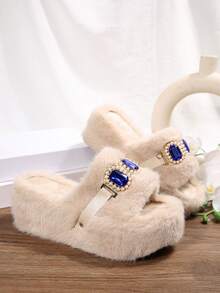 Women's Slip-On House Slippers With Blue Gem Decor, Thick Plush Lining, Elegant Wedge Heel, Suitable For Indoor And Outdoor Wear, Autumn/Winter - Beige - View 13