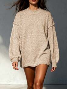 秋冬宽松休闲时尚骨缝落肩袖优雅圆领灯笼袖纯色长袖套头毛衣 - 杏色 - 查看 1