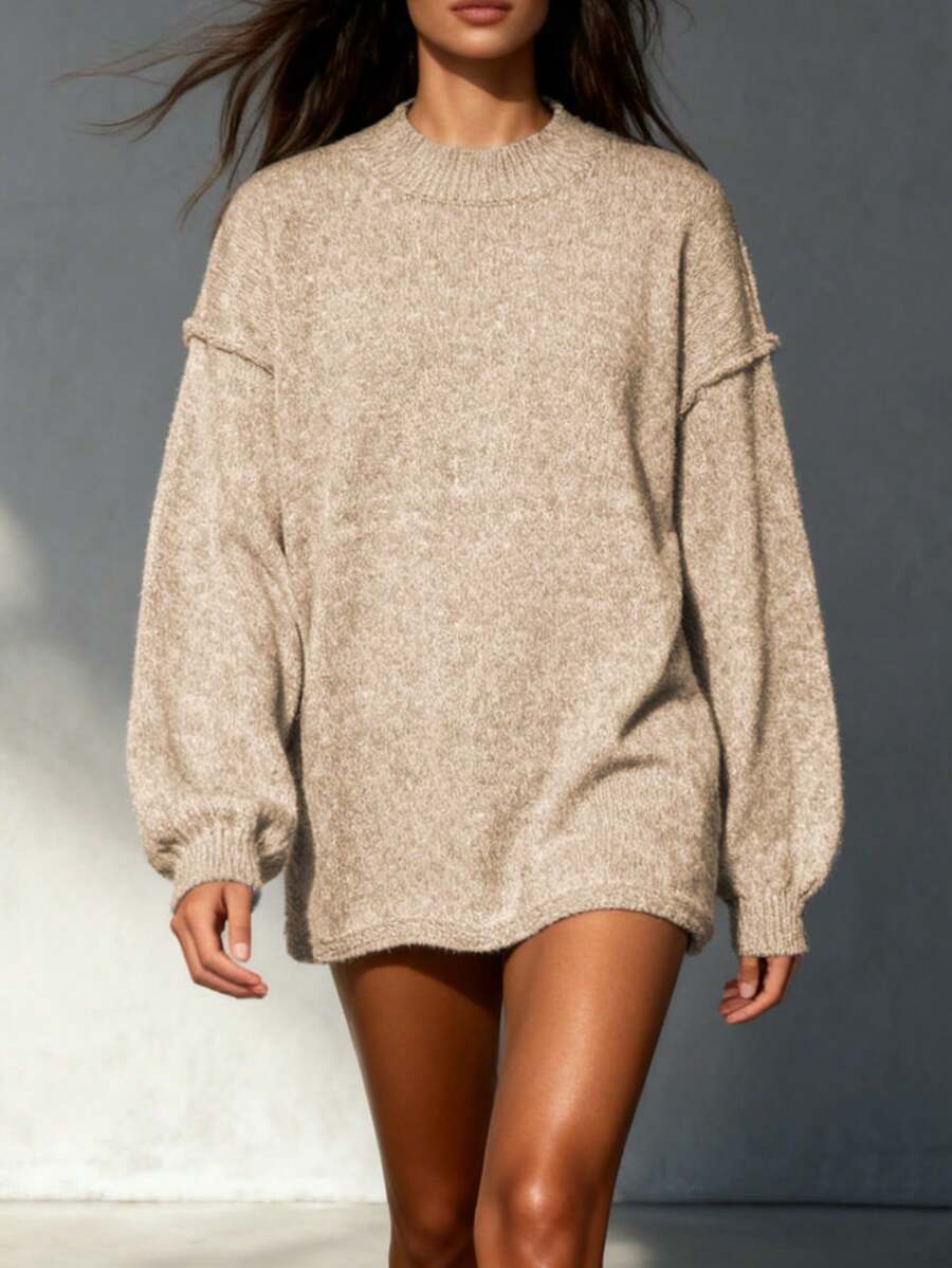 秋冬宽松休闲时尚骨缝落肩袖优雅圆领灯笼袖纯色长袖套头毛衣 - 杏色 - 查看 1