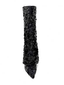 Women's Pointed Toe Glittery Chunky Heel Over-The-Knee Boots - Black - View 2