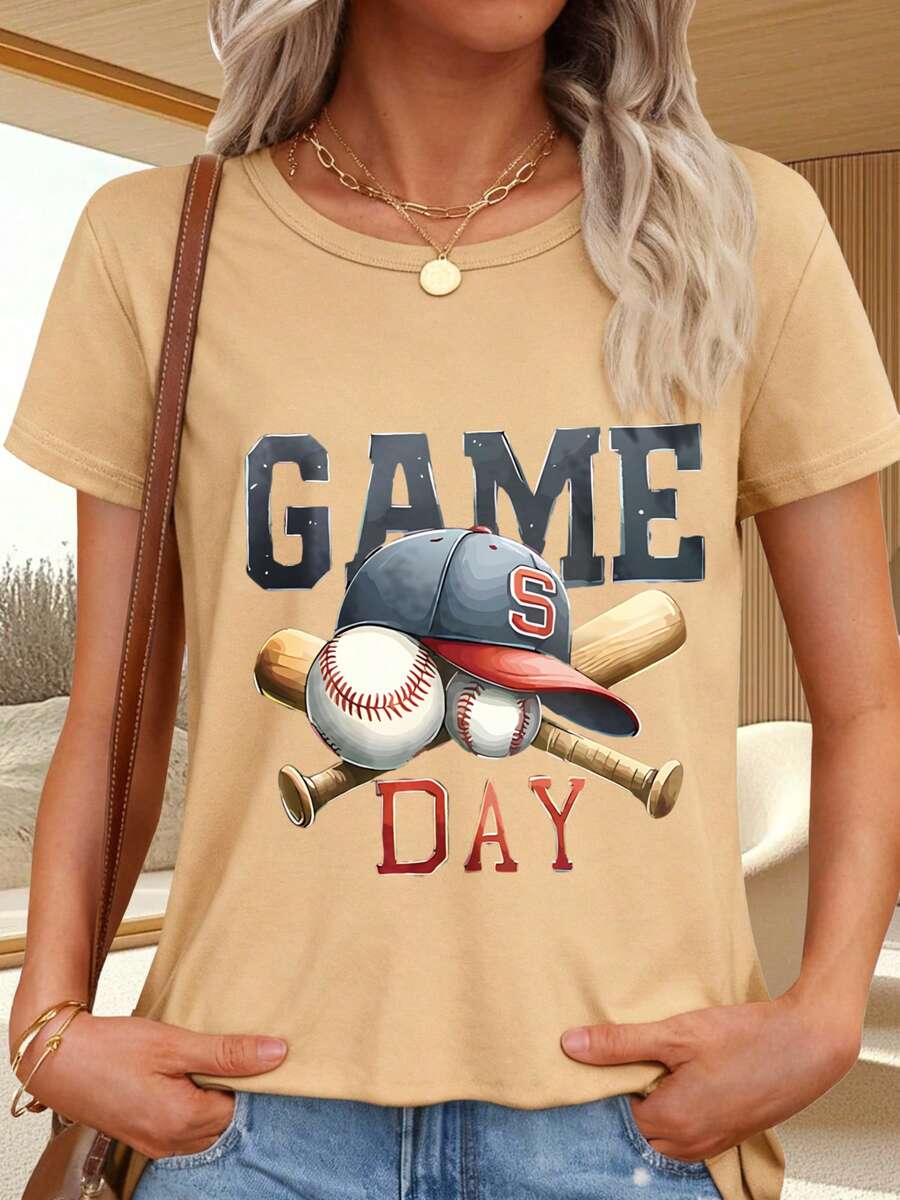 Baseball Print T-Shirt With Game Day Text - 卡其色 - 查看 1