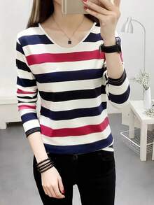 女士休闲圆领宽条纹印花 T 恤 - 彩色 - 查看 3
