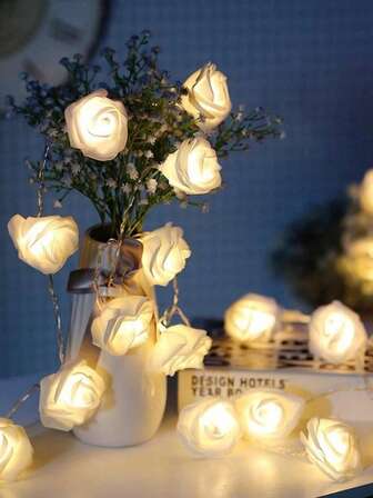 1 pieza Luz de cadena de 1.5M con 10 LED/3M con 20 LED, estilo romántico con rosas artificiales, alimentada por pilas AA, excluidas las pilas, adecuada para cumpleaños, bodas, fiestas, decoración interior y Día de San Valentín