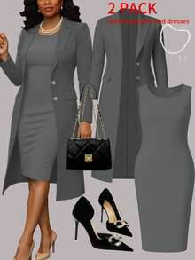 Plus Size Women's New Elegant 2-Piece Set, Solid Color Minimalist Versatile Long Cardigan Jacket + Sleeveless Bodycon Midi Dress, Suitable For Commuting, Autumn/Winter - Gray 9+73 - View 1