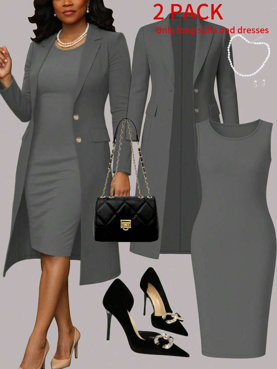 Plus Size Women's New Elegant 2-Piece Set, Solid Color Minimalist Versatile Long Cardigan Jacket + Sleeveless Bodycon Midi Dress, Suitable For Commuting, Autumn/Winter - Gray 9+73 - View 1