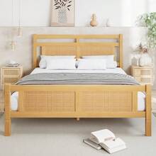 Wooden Double Bed With Rattan Paper Accent | 4ft6 (135x190cm) MDF Frame With Sturdy Slats In Wood Colour - Natural + Solid Wood+MDF + 135cm*190cm - View 3