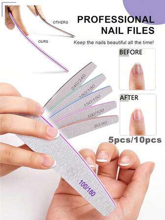 专业半月形指甲锉，多种尺寸可选，一套五支，满足各种需求，品质优良，美甲沙龙美甲师推荐，可用于抛光指甲，修剪光滑，时尚美观。