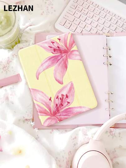 1pc Cream Yellow Tiger Lily Printed Flat Protective Case, Compatible With IPad 10.2", IPad Pro 11" 2021/2020/10th Gen, IPad (A16) 11" 11th Gen 2025, IPad 8th/9th/10th Gen, Galaxy Tab A8 10.5" 2022, Matepad 10.4"/Tab, With Pencil Slot, Anti-Drop, Tablet Stand Protective Cover, Romantic Gift For Family And Friends