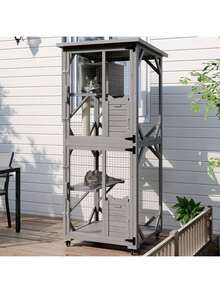 Mobile Weatherproof Catio – 70" Rolling Cat Condo With Elevated Perches, Loft Hideout, Scratching Post & Locking Wheels,Thanksgiving,Christmas Gift - 灰色 - 查看 8