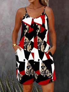 Women's Geometric Print Pocketed Loose Casual Romper Summer Elegant - Red - View 6