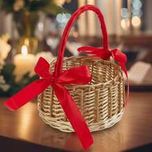 Woven Flower Basket Elegant Rustic Bows Large Capacity Lightweight Portable Basket For Storage - Red - View 3