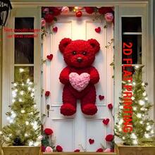 Bandera de puerta 2D, Bandera de puerta de Día de San Valentín con oso de peluche rojo y corazón - Decoración romántica de entrada, Telón de fondo para fiesta interior/exterior - Rojo - Ver 2