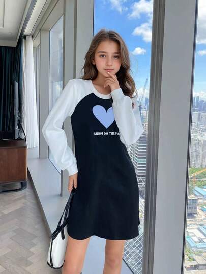 Heart Print Color Block Knit Dress For Girls 8-12 Years Old, Suitable For Teenagers