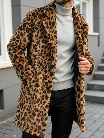 Abrigo con botones con estampado de leopardo de moda para hombre, cuello de traje, manga larga cómoda y casual, elegante, para uso diario en la ciudad, otoño/invierno