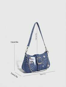 Y2K复古小手提包，撞色字母和星星装饰链条单肩/腋下包，适合女孩、女士、学生、年轻职业人士、上班族、通勤、学校郊游等场合。 - 藍色 - 查看 3