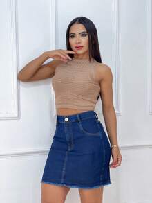 Saia Jeans Feminina Cintura Alta Lisa Barra Desfiada Lavagem Escura - Azul Escuro - Visão 4