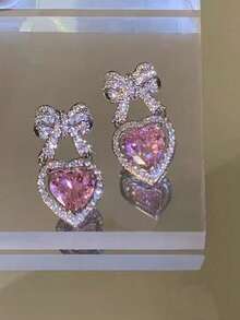 1 Pair Pink Crystal Heart Earrings, Rhinestone Bow Cute & Sweet Earrings For Women, Luxury Gift Suitable For Girlfriend Or Mother - Love - View 13