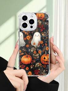 1 pieza Funda de teléfono con diseño de calabazas talladas y fantasmas sonrientes entre hojas otoñales, estilo divertido y festivo para temporada de Halloween, funda transparente resistente a golpes, ligera y con corte preciso, compatible con iPhone 17/16/15/14/13/12/11/XS/XR/X/PLUS/PRO/PROMAX, compatible con Galaxy A34/A35/A54/A55, Galaxy S20/S21/S22/S23/S24 Ultra/Plus, compatible con Moto/Galaxy/Redmi/Honor/OPPO, regalo de fiesta - transparente - Ver 2