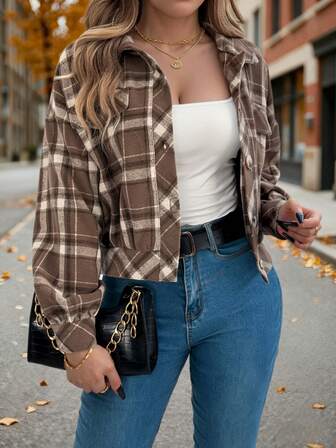 Abrigo casual con botones, mangas farol y estampado de cuadros, para otoño e invierno