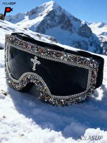 Diamond Heart Cross 1pc Outdoor Sports Oversized Rhinestone Ski Goggles, Personalized Colorful Windproof Goggles, Luxury Rhinestone Colorful Ski Windproof Dustproof Foam Protective Goggles, Fashion Theme Party Oversized Sunglasses, Luxury Crystal Protective Goggles, Mountaineering Sandproof Dustproof Cycling Goggles, Oversized Foam Silicone Ski Goggles, Motorcycle Riding Sandproof Dustproof Protective Goggles