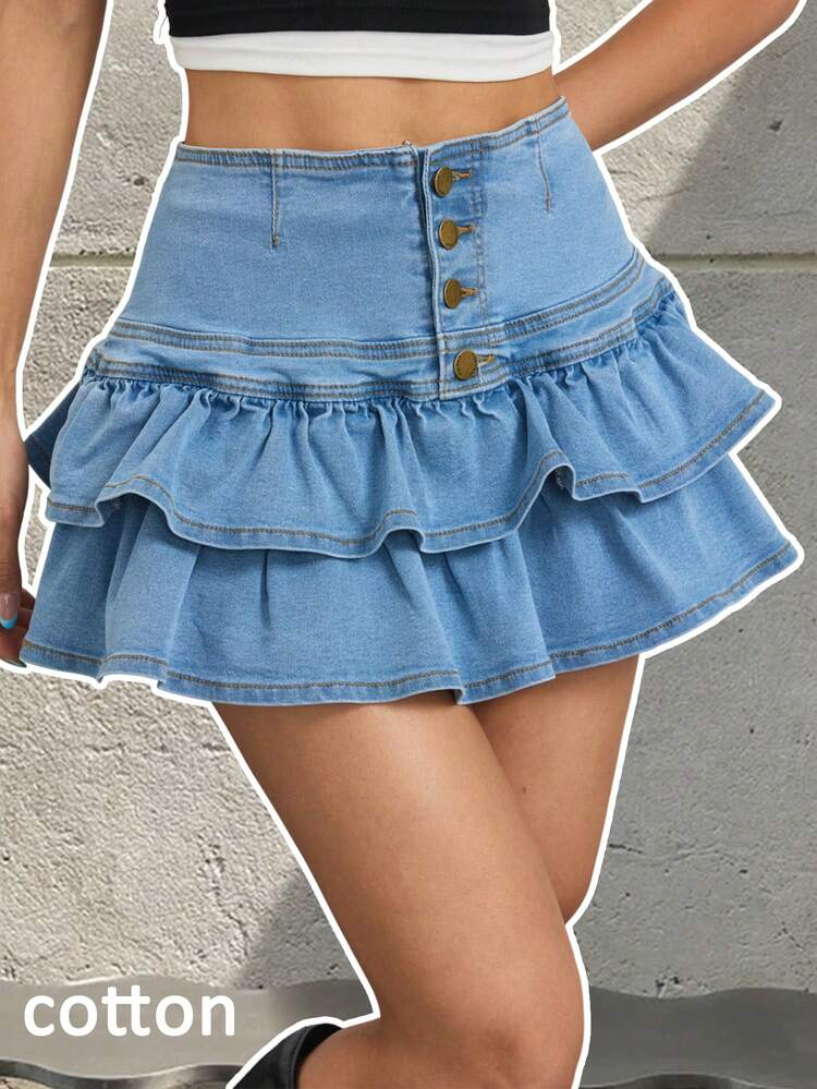 Women's Light Blue Mid-Waist Button Front Ruffle Hem Denim Mini Skirt - Fitted Casual Bodycon Jeans Skirt, Suitable For Daily Outings And Dates, Fashionable Denim Bottom - Light Wash - View 1
