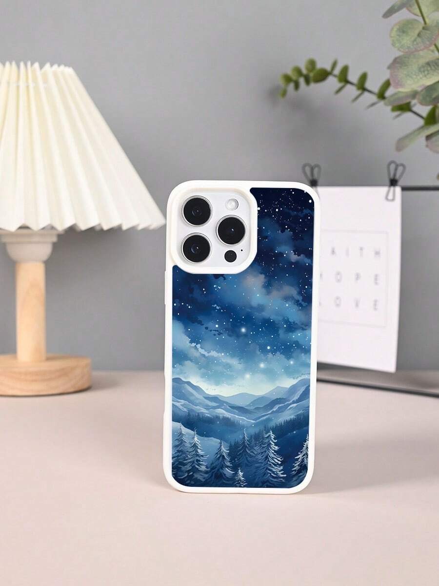 Funda de Silicona TPU para iPhone X/XS/11/12/13/14/15/16 y S22/S23/S24/S25, Estilo Artístico Paisaje Nocturno con Montañas y Bosques, Protectora Antigolpes para Mujer y Hombre, Ideal - Blanco - Ver 1